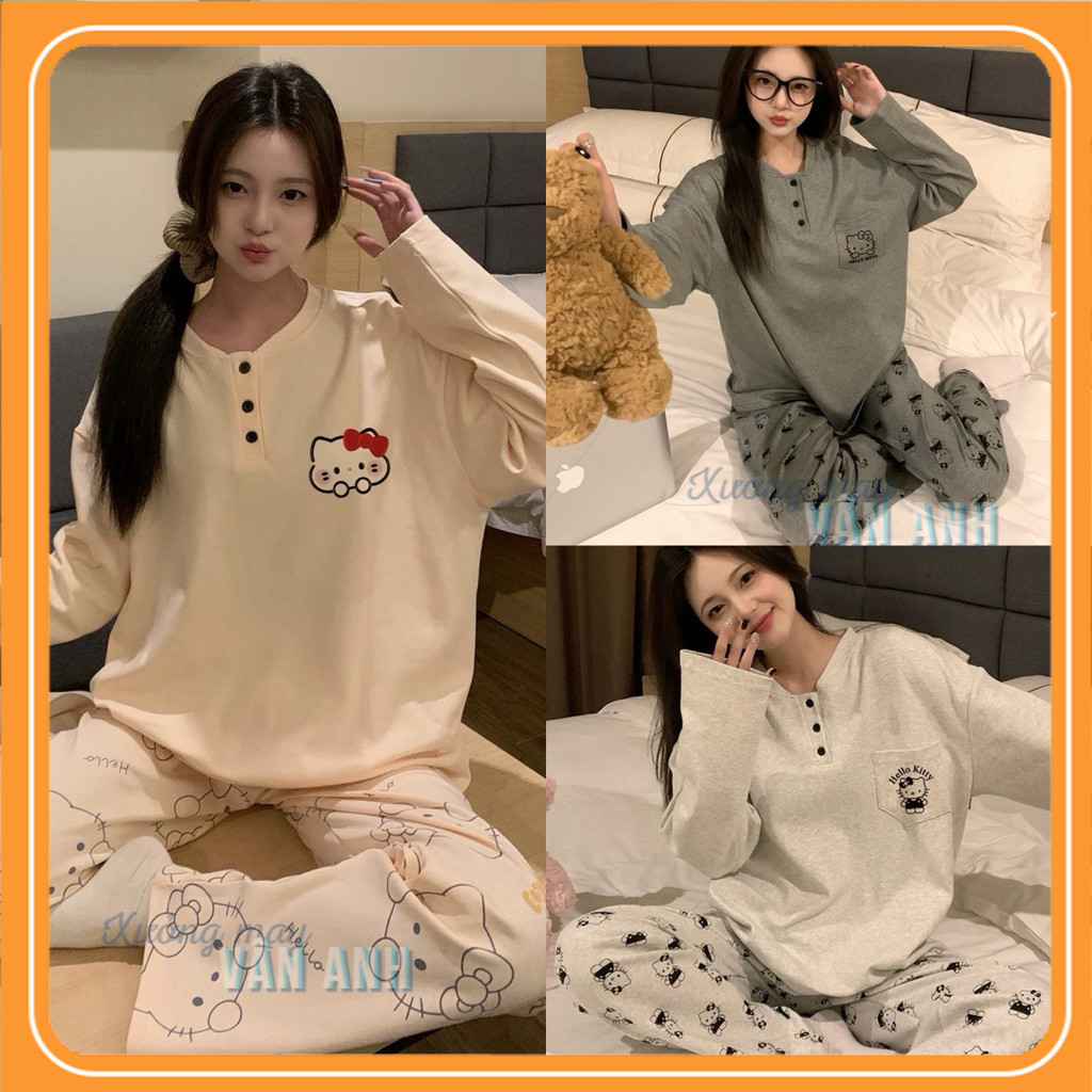 Set bộ đồ nỉ phối cúc in hình Kitty 2 màu nữ. Bộ đồ dài tay form rộng dễ thương