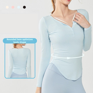  Áo Tập Yoga Mùa Thu Đông Cổ Chữ V Dài Tay Màu Trơn Thoáng Khí và Khô Nhanh 
