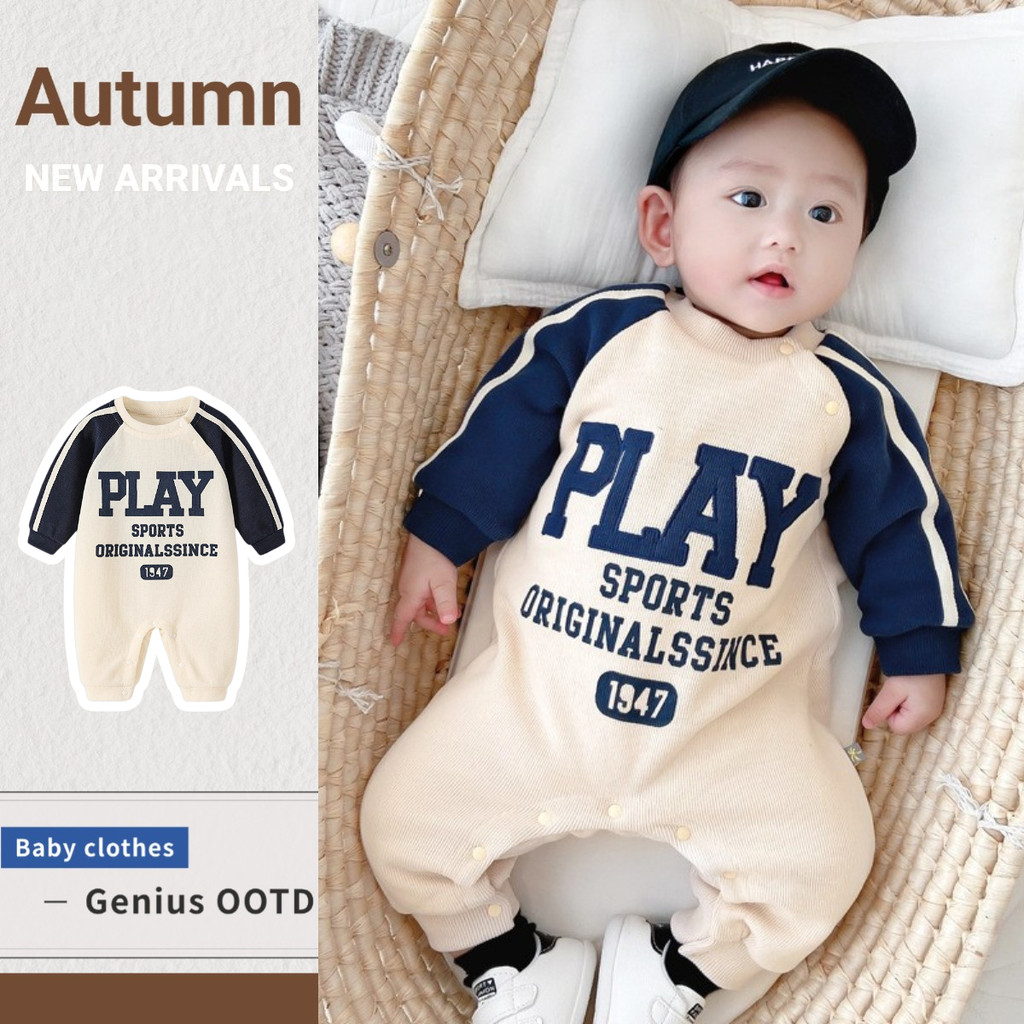 Áo Liền Quần Cotton Tay Dài In Chữ Thời Trang Hàn Quốc Dành Cho Bé 0-2 Tuổi