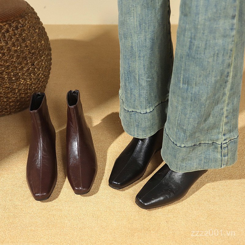 Giày bốt ngắn mũi vuông 2025 Thu Đông Mới Chelsea Boots Slimmer Look Brown Boots All-Match Square Gó