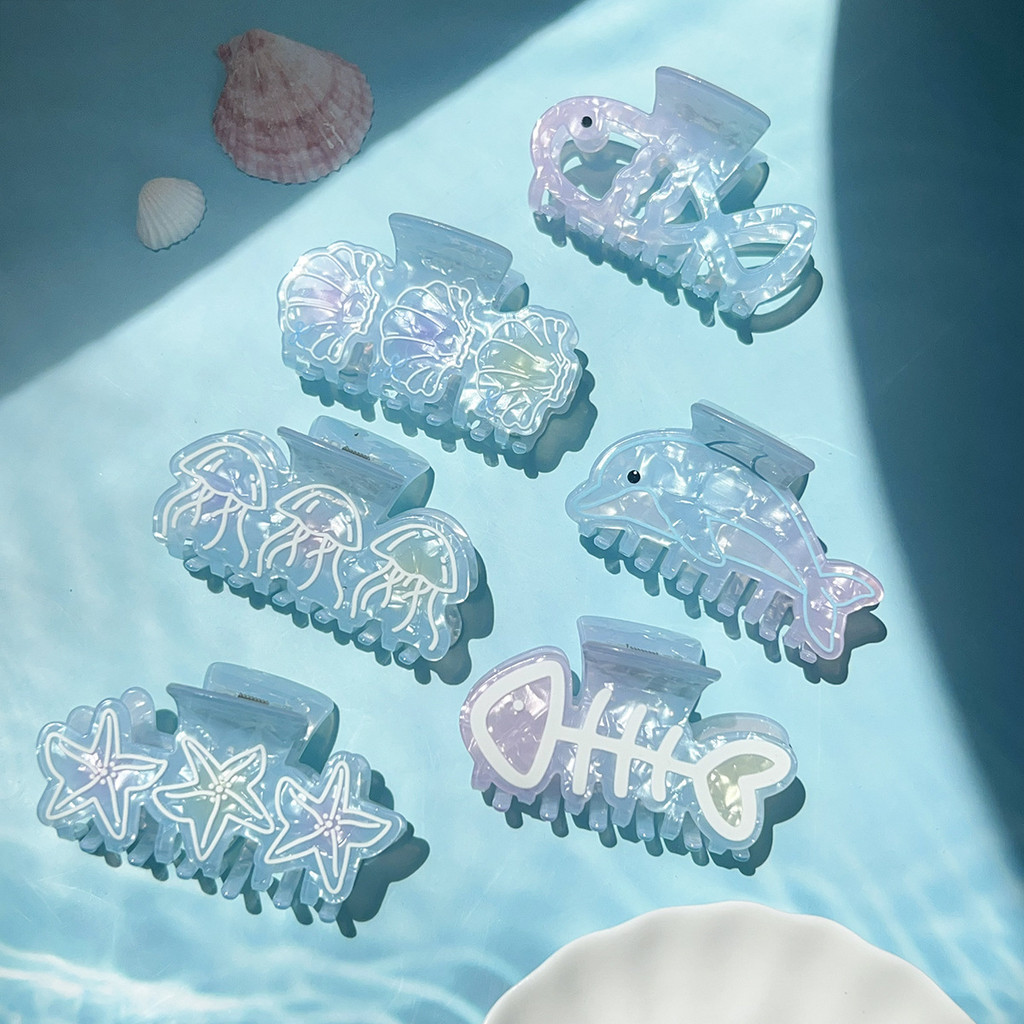 Sản phẩm sẵn sàng - Shark Clip thiết kế vỏ sao biển màu xanh cá heo, phụ kiện tóc đáng yêu