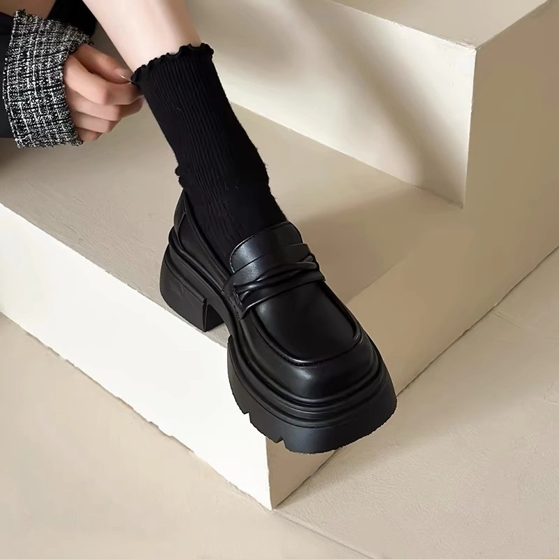 Đế Dày Retro Da Bò Slip-On Phong Cách Anh Quốc ~ Phiên Bản Giày Da Nhỏ Màu Đen Giày Đế Bằng Da Thật 