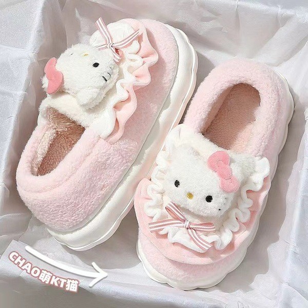 women's slippers high -rising slippers Hello Kitty Gót Chân Bông Dép Nữ Mùa Đông Dễ Thương Sang Trọn