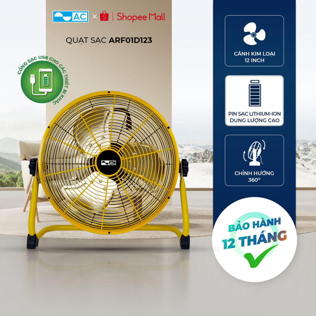 [HỎA TỐC] Quạt Sạc Tích Điện AC ARF01D123 12W cánh 12 inch pin Lithium 5000mAh, Bảo hành 12 tháng