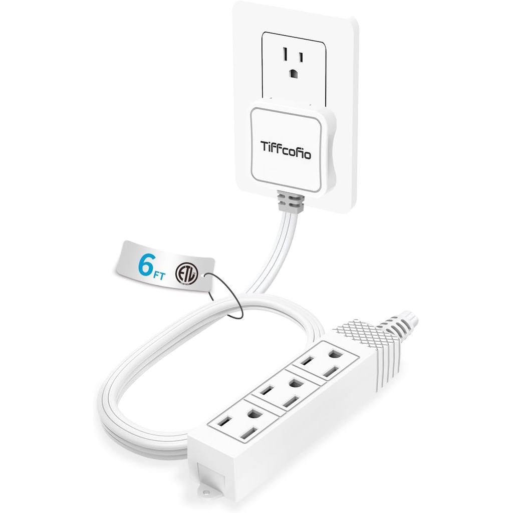 Dải ổ cắm phẳng TiFFCOFiO, Dây nối dài 6 Feet 3 Prong, 3 ổ cắm nối đất có lỗ gắn, 13A / 1625W, 16 AW