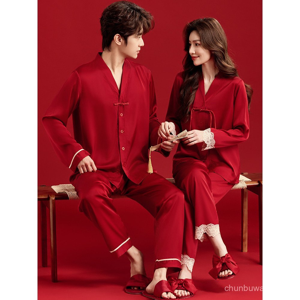 Couple Pajamas Women Ice Silk Spring and Autumn Ben Ming Nian Red Men's Set New Style