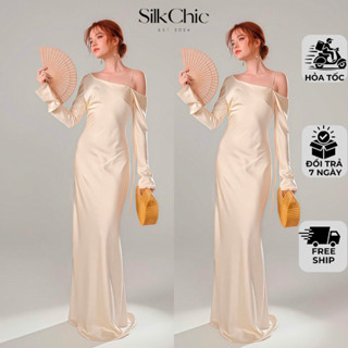  Đầm Lụa Dự Tiệc Tay Dài Trễ Vai Phối Thắt Nơ Sang Trọng SC792 Váy Lụa Lệch Vai Dài Tôn Dáng Thanh Lịch 