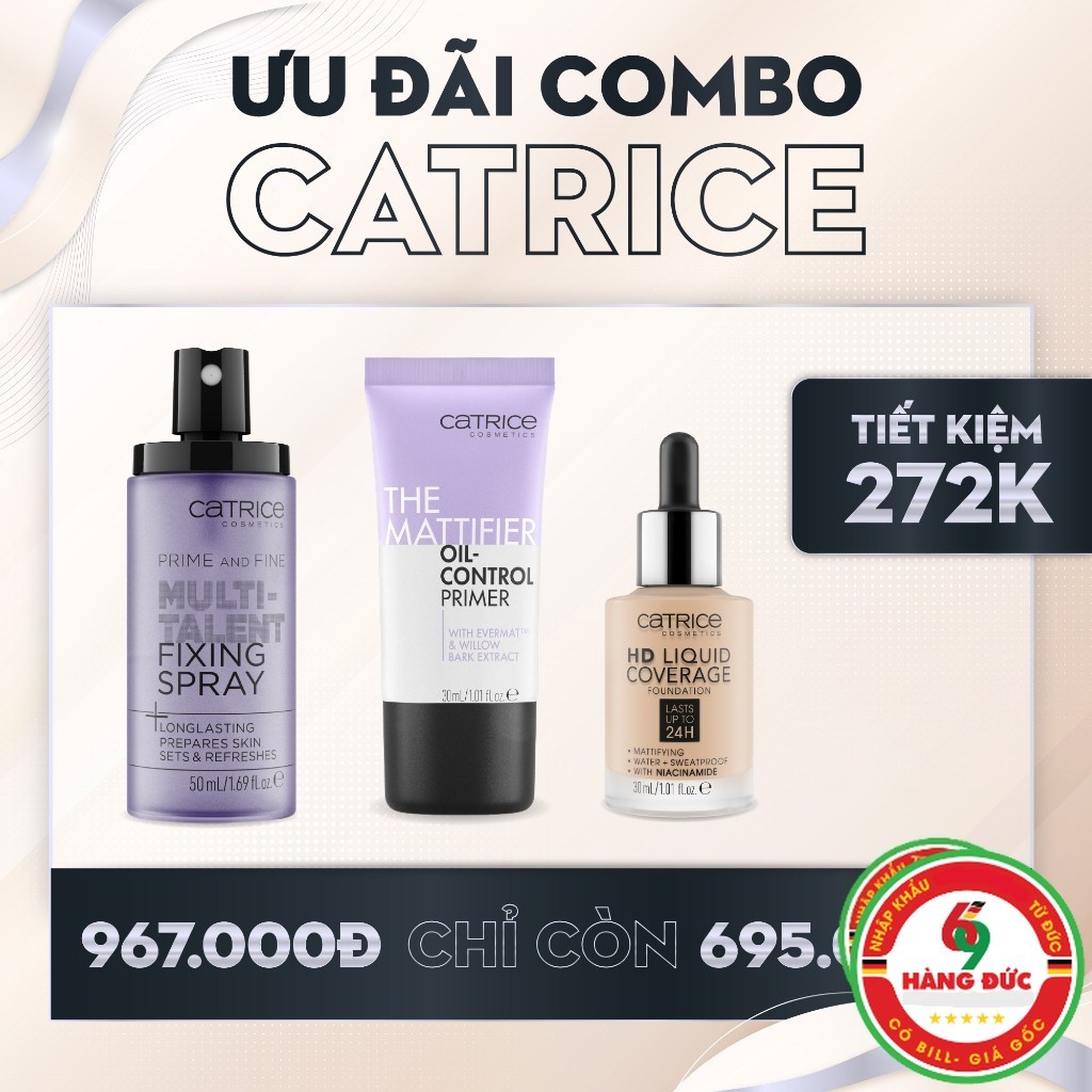 Bộ ba Catrice cho lớp nền: kem nền Catrice HD, kem lót Catrice Primer, xịt khóa nền Catrice Prime An