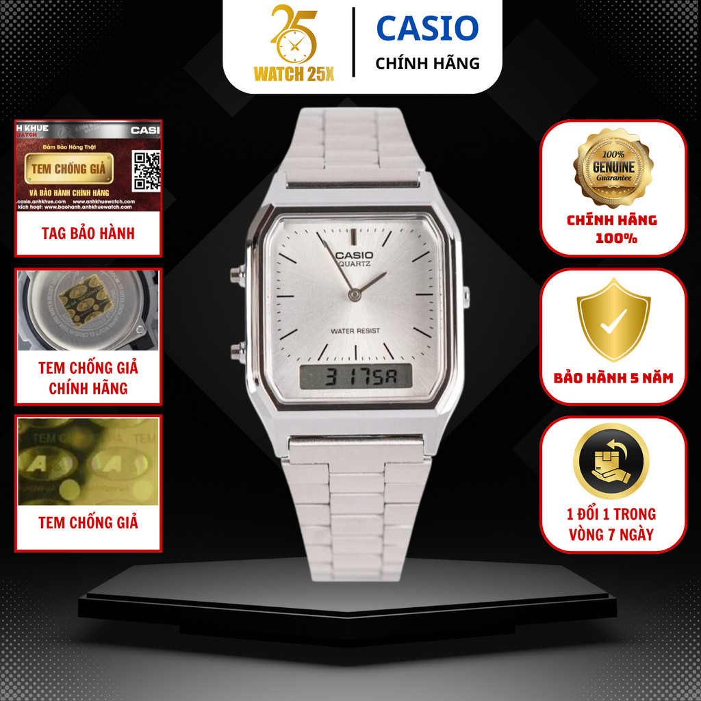 Casio Vintage A&D AQ-230A-7AMQYDF Watch25x Đồng Hồ Nam Thanh Lịch Dây Thép Không Gỉ.
