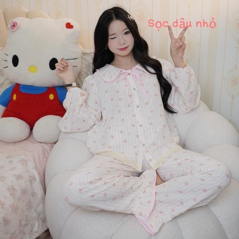 DÀI TAY Cổ SEN bộ ngủ nữ tiểu thư cổ sen vải đũi bôngmây mùa thu mặc đi ngủ thoải mái Women Quần Ngủ Áo Ngủ Cotton sen 5 | BigBuy360 - bigbuy360.vn