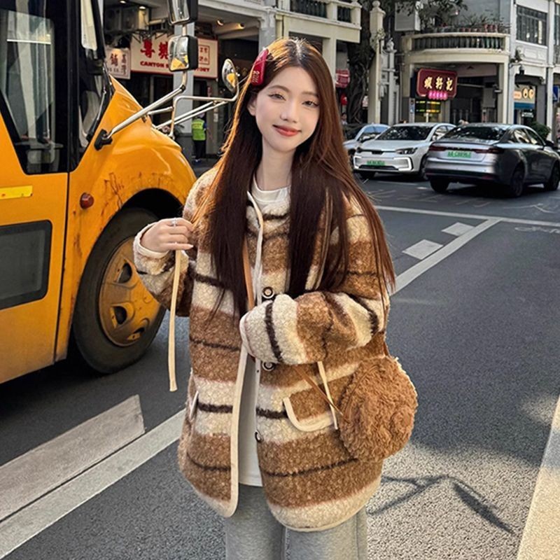Women Striped Classic Hooded Knit Coat Fashion Autumn Winter