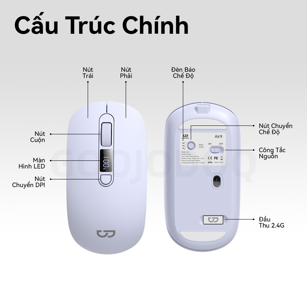 Chuột không dây GOOJODOQ DPI chính xác 4 cấp, Màn hình kỹ thuật số im lặng, Có thể sạc lại, Kết nối hai chế độ | BigBuy360 - bigbuy360.vn