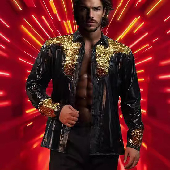 2025 Sequin Show hộp đêm nam chủ nhà Áo sơ mi nam dài tay Áo sơ mi nam 2025 mới sequins hộp đêm nam 