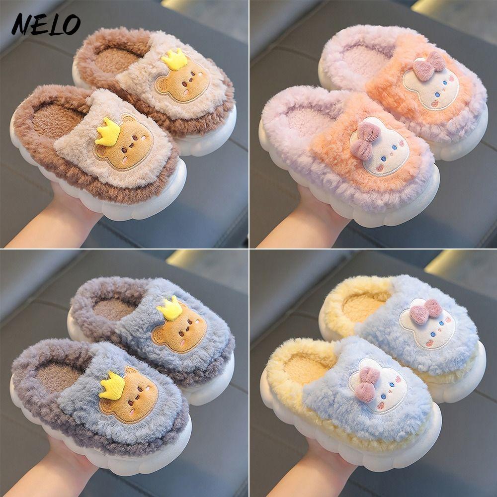 Dép Cotton Trẻ Em NELO, Dép Sang Trọng Bé Gái Bé Trai Trẻ Em Lông, Dép Mùa Đông Thỏ / Gấu Hoạt Hình