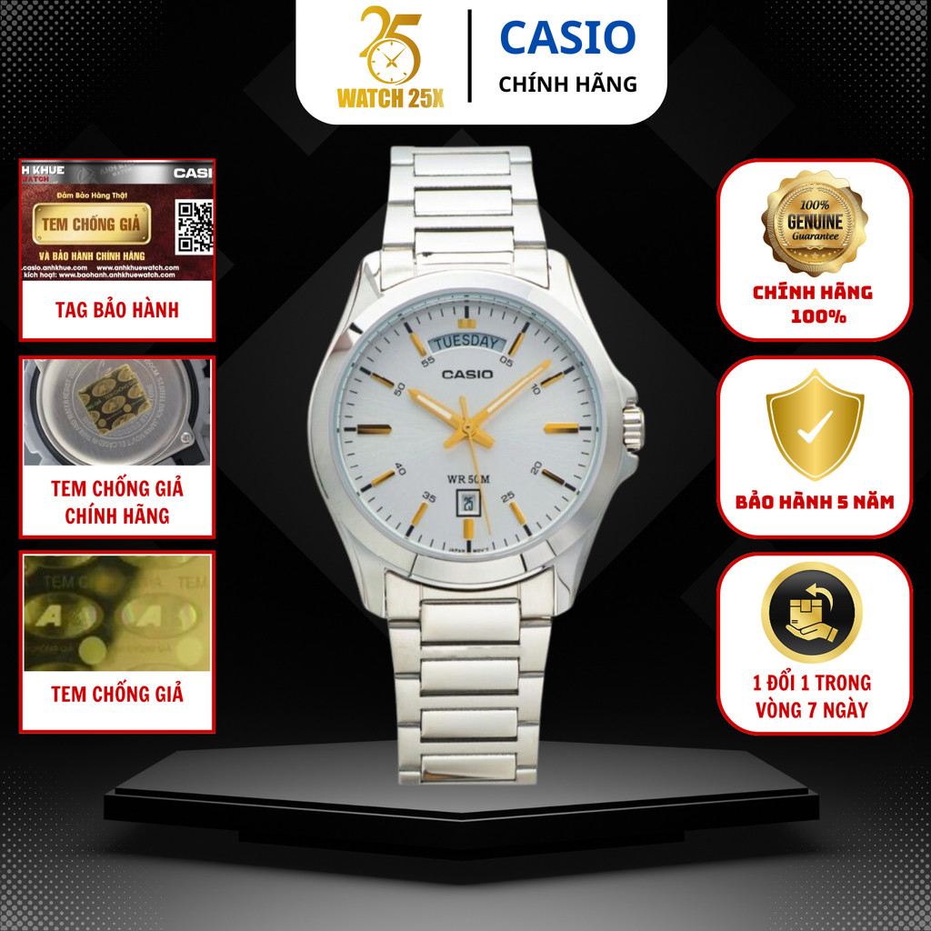 Đồng Hồ Nam Casio MTP-1370D-7A2VDF Watch25x Lịch Ngày Thứ 40mm, Dây Thép, Mặt Trắng Kim Vàng
