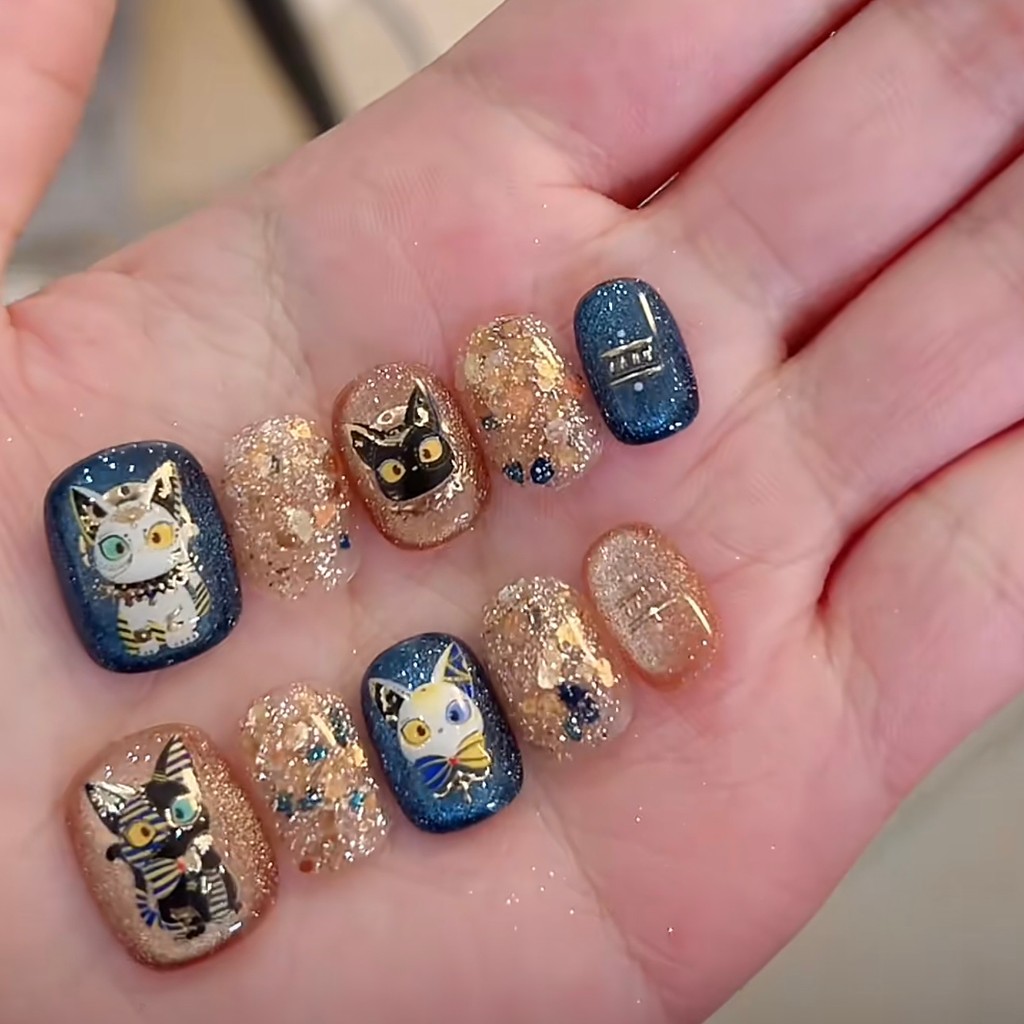 Mèo Abisnia 丨 Jenny Fairy Cat Vẽ Tay Mắt Mèo Làm Móng Tay Tay Ngắn Tay Tay Hạt Đậu Trắng Móng Tay