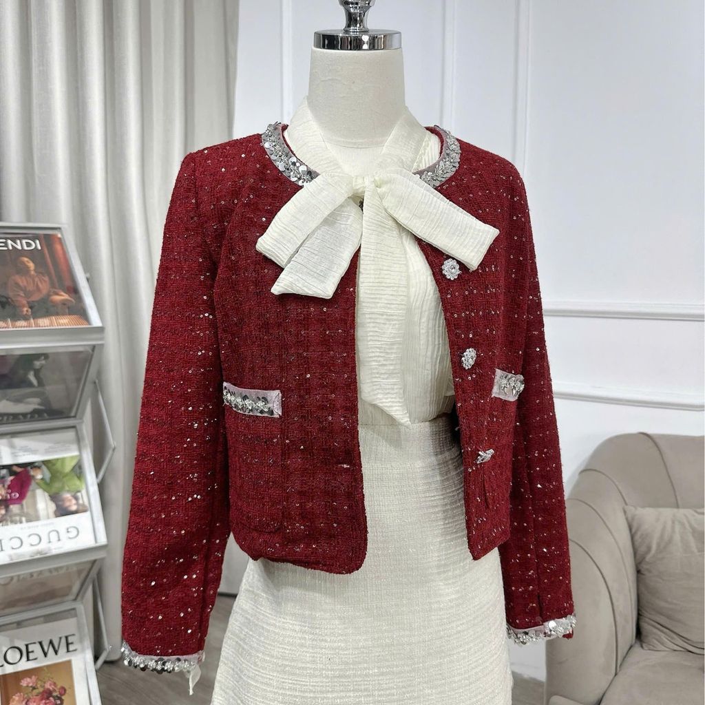 Áo khoác dạ nữ đính kim sa viền đá bling - A2819 Kymie