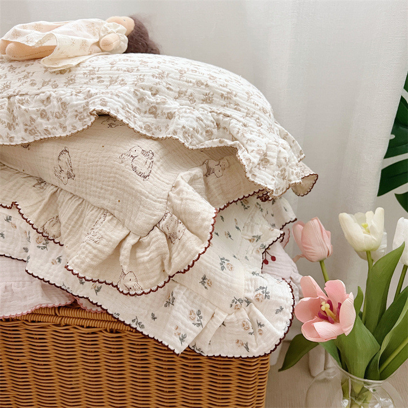 Vỏ gối trẻ em phong cách công chúa bằng vải cotton 100% hai lớp, ren hoa, kích thước 30x50, vỏ gối đ
