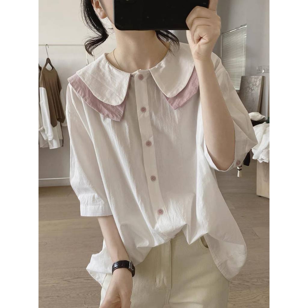 Áo SơMi Thiết kế Nữ Lamo Design Áo kiểu nữ hàn quốc phối màu 2 lá cổ trẻ trung  xinh xắn  LAMO_B1185