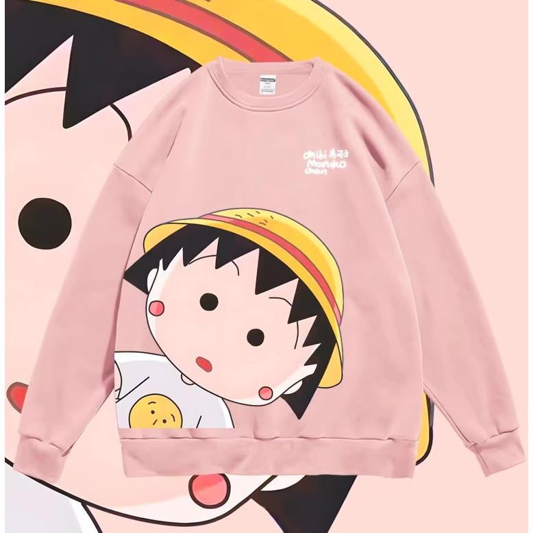 Áo hoodie thiết kế hoạt hình Maruko dễ thương với bông anh đào, cổ tròn, tay dài, phù hợp nam nữ