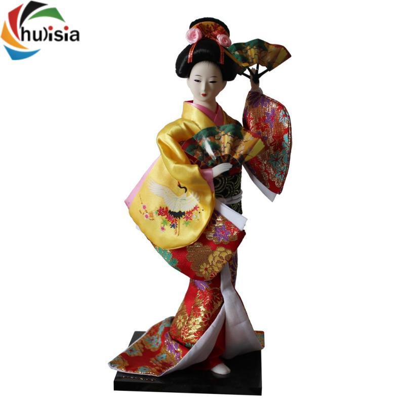 Curisia 12 inch Nhật Bản Kimono Geisha Doll Kokeshi Trang trí nội thất Quần áo màu vàng