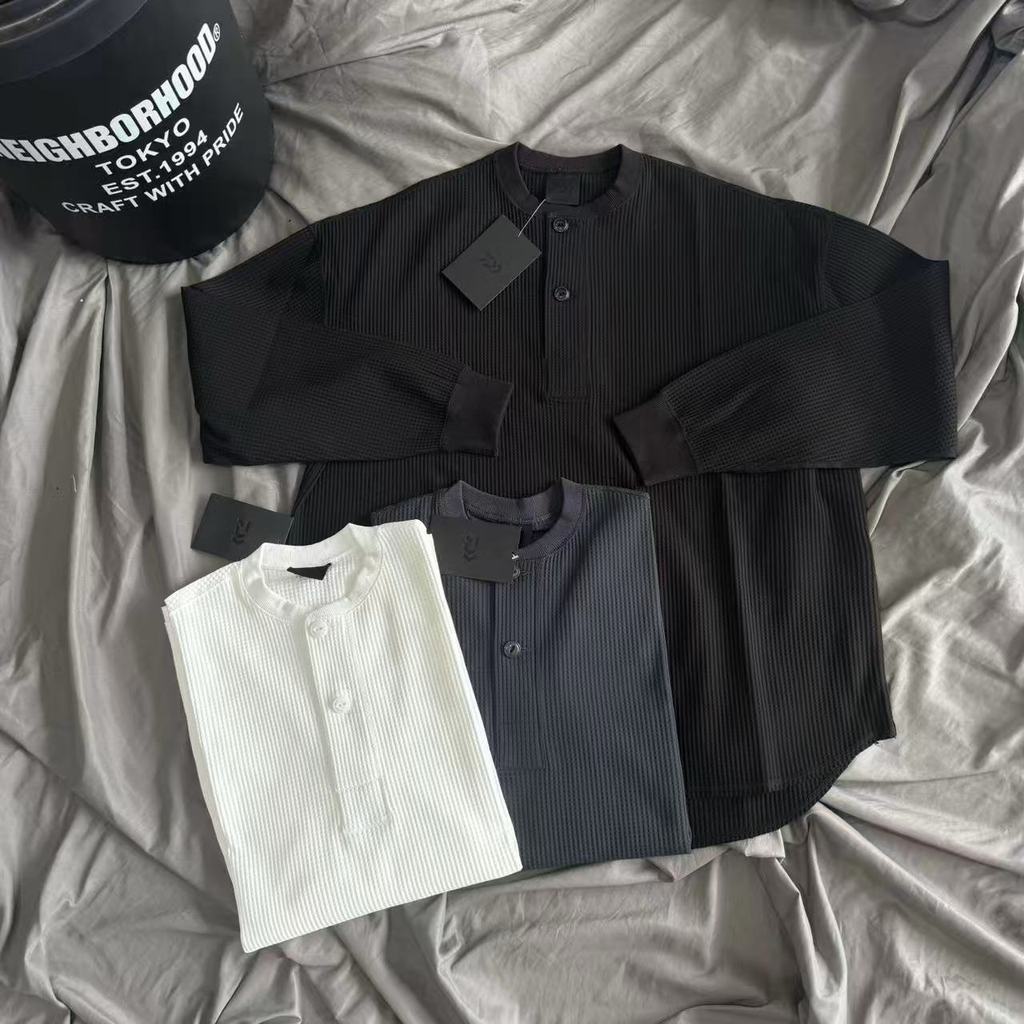 Henley Collar Waffle Round Neck Long Sleeve T Loose Fit Oversized Couple Shirt for Men and Women