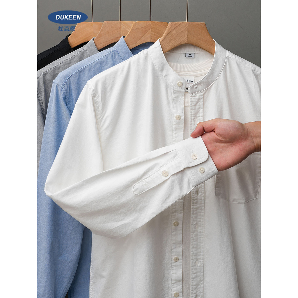 Dukeen Áo Sơ Mi Nam Cotton Nguyên Chất Oxford, Cổ Đứng Henry, Màu Trắng, Phù Hợp Xuân Thu