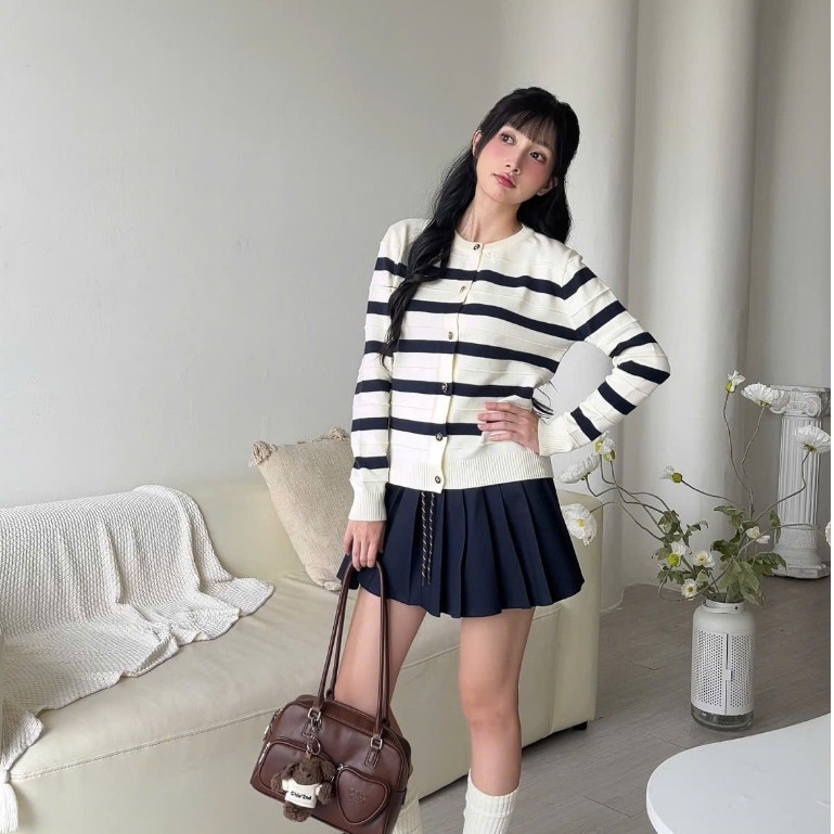 Áo len cardigan lông thỏ cao cấp dệt phối màu be xanh bo tay sang trọng tiểu thư phong cách hàn quốc