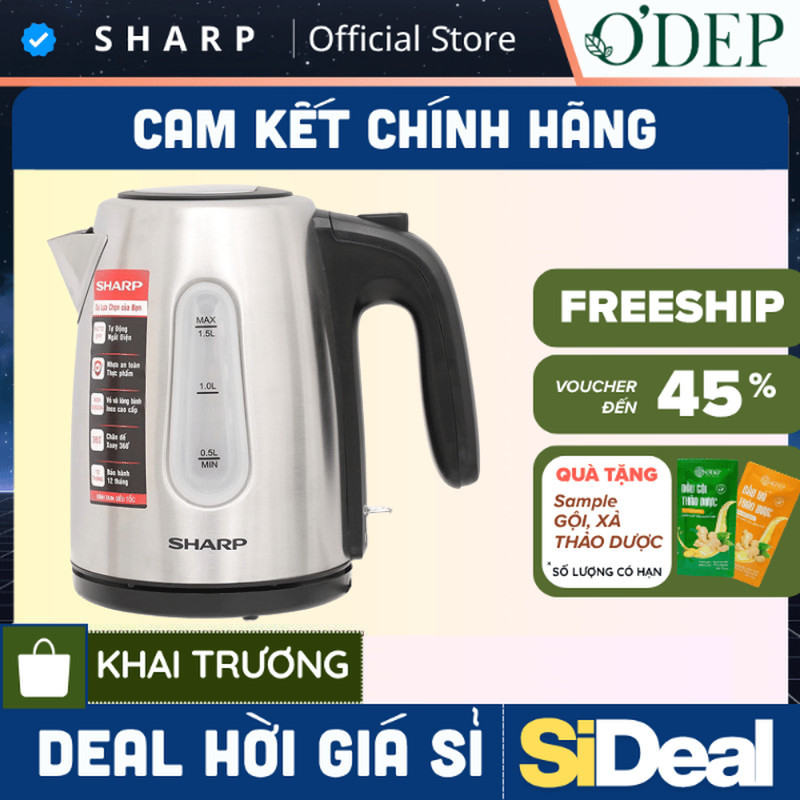 Bình siêu tốc Sharp 1,5 Lít, công suất cao đun sôi nhanh EKJ-15EVS-ST - Thương hiệu Nhật - SIDEAL SI