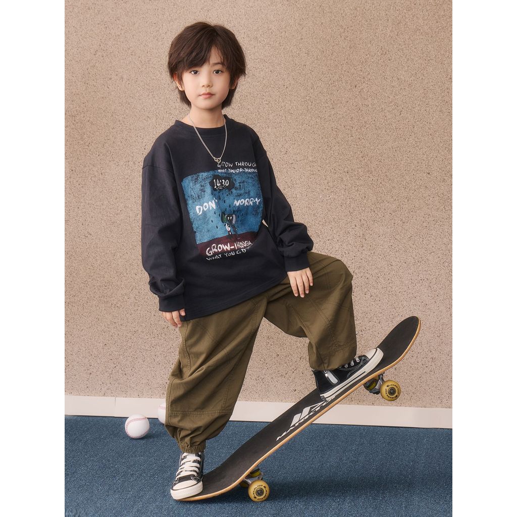 Áo Thun Cotton Dài Tay In Chữ Cho Bé Trai Lớn Mùa Thu Mới Của Huzhou Zhili