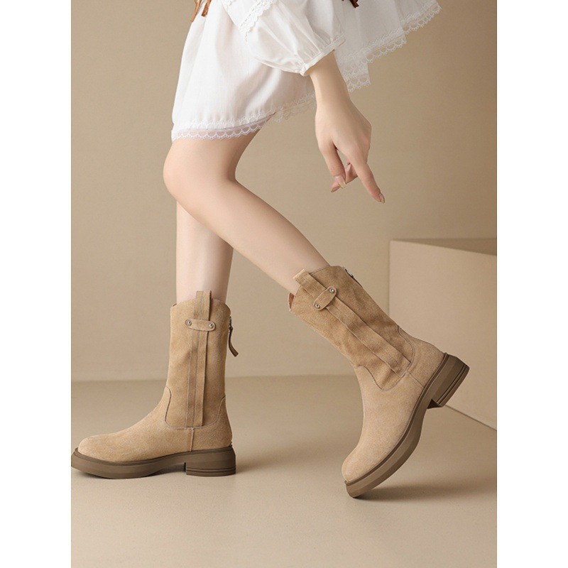 Nhà máy Duoya Tóc thẳng ~ [Hàng có sẵn] Merad Brown Pile Boots Knight Boots Nữ Giày bốt ngắn Giày ca