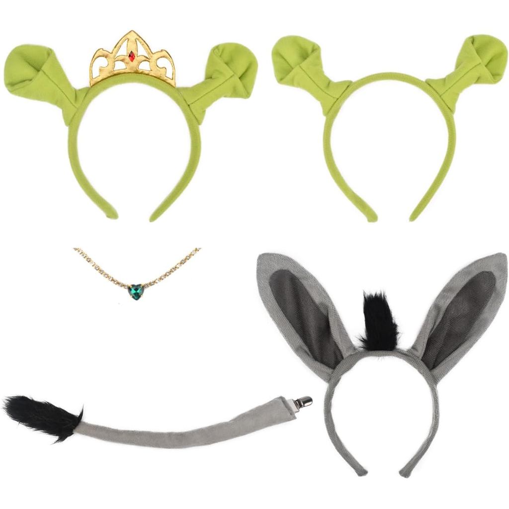 Bộ Phụ Kiện Cosplay Orge và Donkey - Băng Dô Xanh Lá, Vương Miện, Vòng Cổ Trái Tim, Tai và Đuôi Lừa 