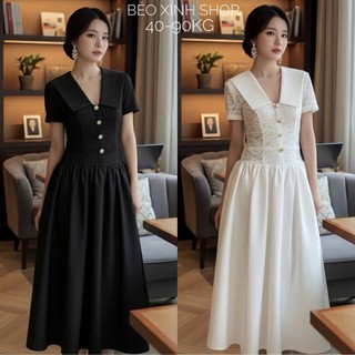  Váy Dự Tiệc Cổ V Phối Cúc Tiểu Thư  Vải Ren Hoa 2 Lớp  Chân váy vải Chéo Cao Cấp Bigsize Từ 40 - 90Kg - A.1646 