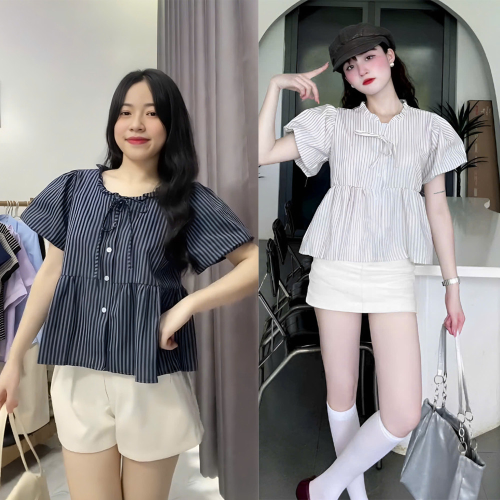Áo Sơ Mi Nữ Babydoll Cổ Yếm Dây Buộc – Vải Kẻ Thô Phong Cách Tiểu Thư Cute