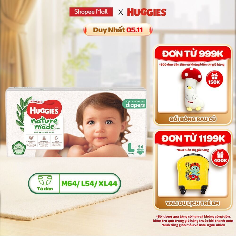 Tã/Bỉm dán Huggies Platinum NatureMade M64/L54/XL44
