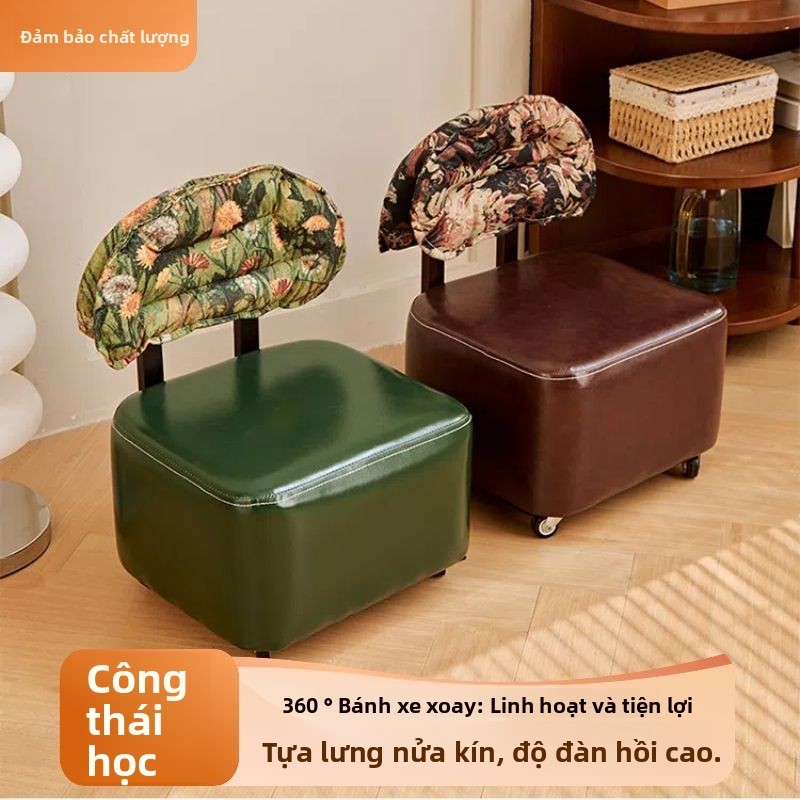 Ghế đôn tựa lưng phòng khách bằng gỗ chắc chắn, đệm mềm, ghế đôn Yoyo, ghế đôn thấp xoay vintage jac
