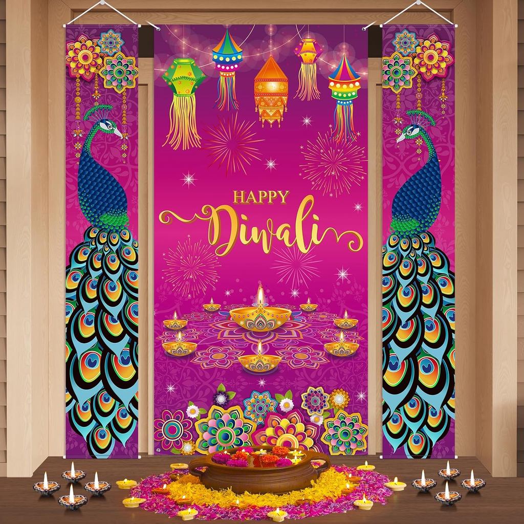 3 Biểu ngữ cửa hiên nhà vui vẻ, Tấm che cửa hiên trước con công Diwali Ấn Độ, Lễ hội đèn Deepawali M