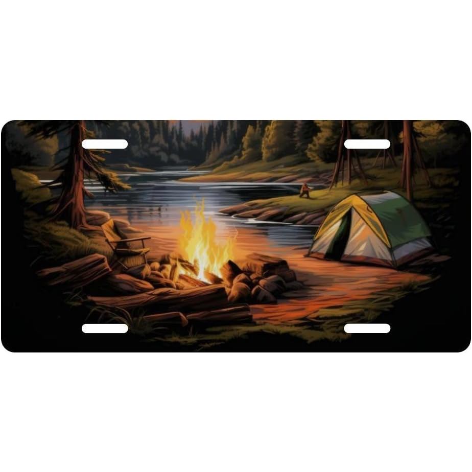 Campfire Camper Mountain Trees Biển Số Trang Trí, Thẻ Vanity, Biển Số Kim Loại, Nhôm Mới Lạ Biển Số 