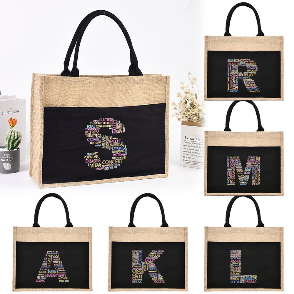 Jute Tote Bag Shopping Bag 𝗖𝗮𝗻𝘃𝗮𝘀 Women Travel Office Outer Sling Shoulder Bag Handbag Tote Beg Text