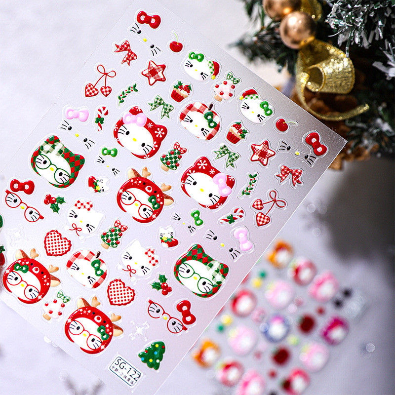 Bầu Trời Giáng Sinh Có Mũ Trùm Đầu Mèo KT Hoạt Hình Đầu 6d Dập Nổi Ba Chiều Làm Móng Tay Miếng Dán 2