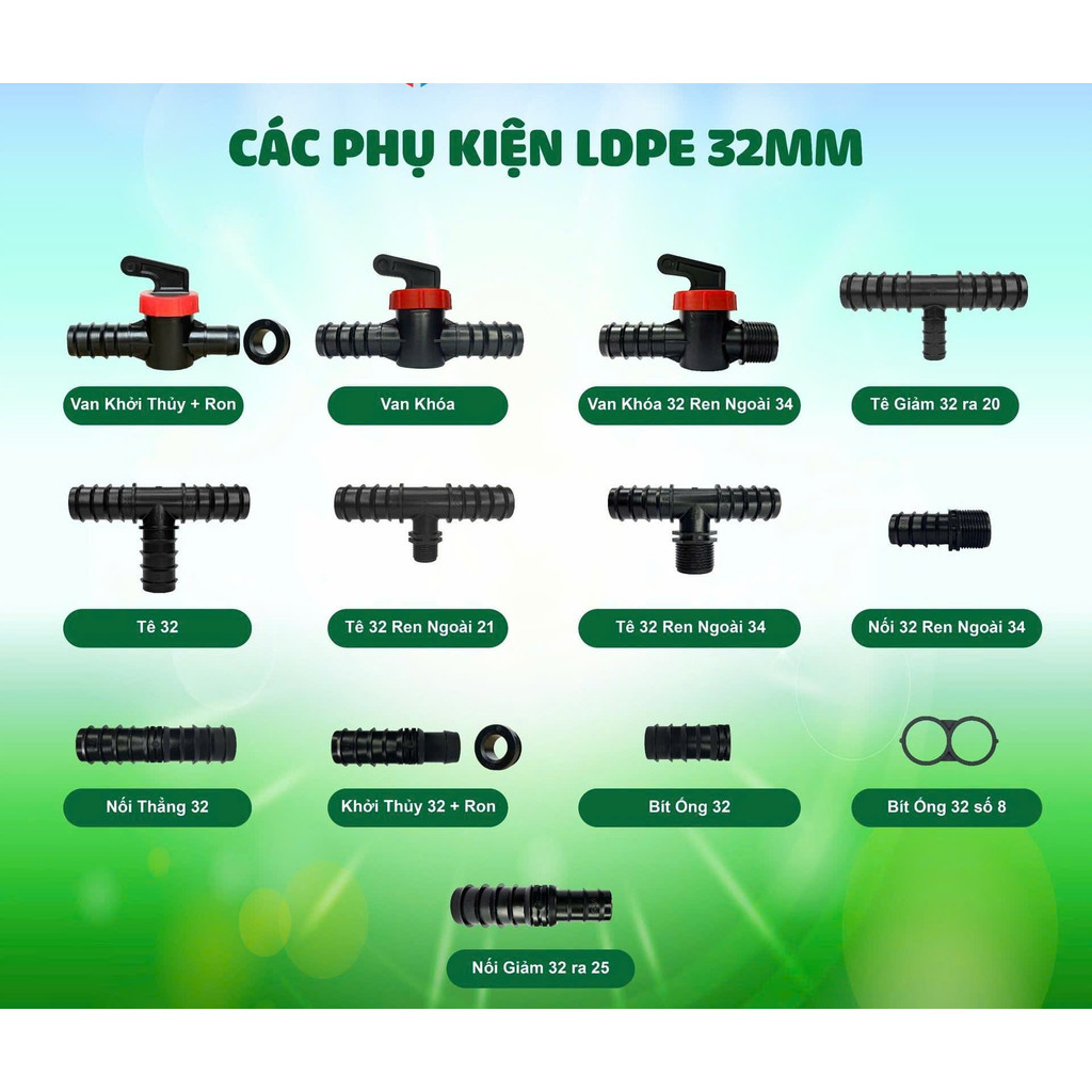 [5 cái] PHỤ KIỆN KẾT NỐI ỐNG LDPE 32, PHỤ KIỆN PE 32, TÊ, CO, VAN KHÓA 32, VAN KHỞI THUỶ, KHỞI THỦY 