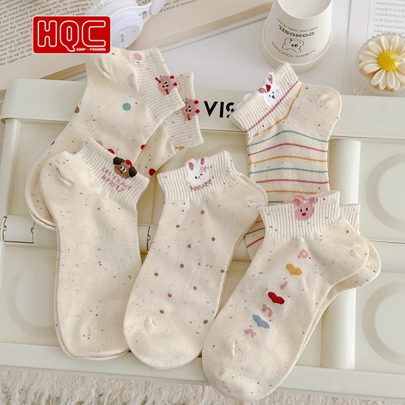 Combo 10 đôi tất cổ ngắn thỏ bông chấm bi – phong cách dễ thương, mềm mại