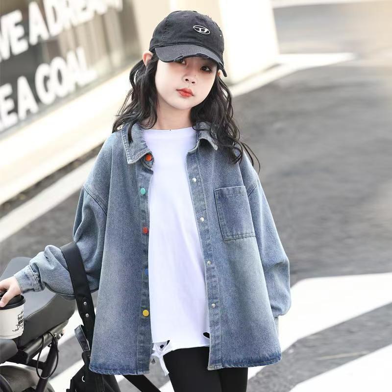 Áo Sơ Mi Denim Bé Gái 2025 Phong Cách Hàn Quốc Thời Trang Top Xuân Thu Dài Tay Thường Ngày Ou