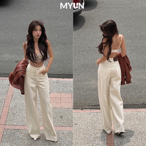 MYUN(Tri Ân) - Quần Jean Nữ ống rộng Loe, ống 34cm, cạp cao tôn dáng, quần bò loe denim xanh đen vải