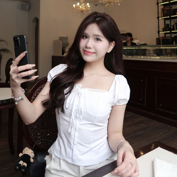 Áo babydoll nữ kiểu Linen tay phồng nơ ngực công chúa phong cách She Noiree - Ma380