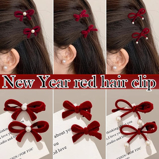 Kẹp tóc nơ cô gái dễ thương màu đỏ năm mới
