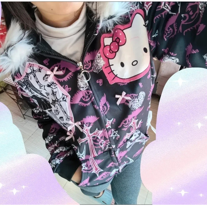 Hello Kitty Subculture Punk Harajuku Hot Girl Hello Kitty Skull Áo khoác