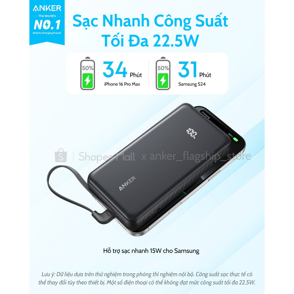 Sạc dự phòng Anker Zolo 10kmAh/20kmAh 22.5W | Tích hợp cáp USB-C | 2 Cổng 1C1A | Sạc 3 thiết bị - A110D/E | BigBuy360 - bigbuy360.vn