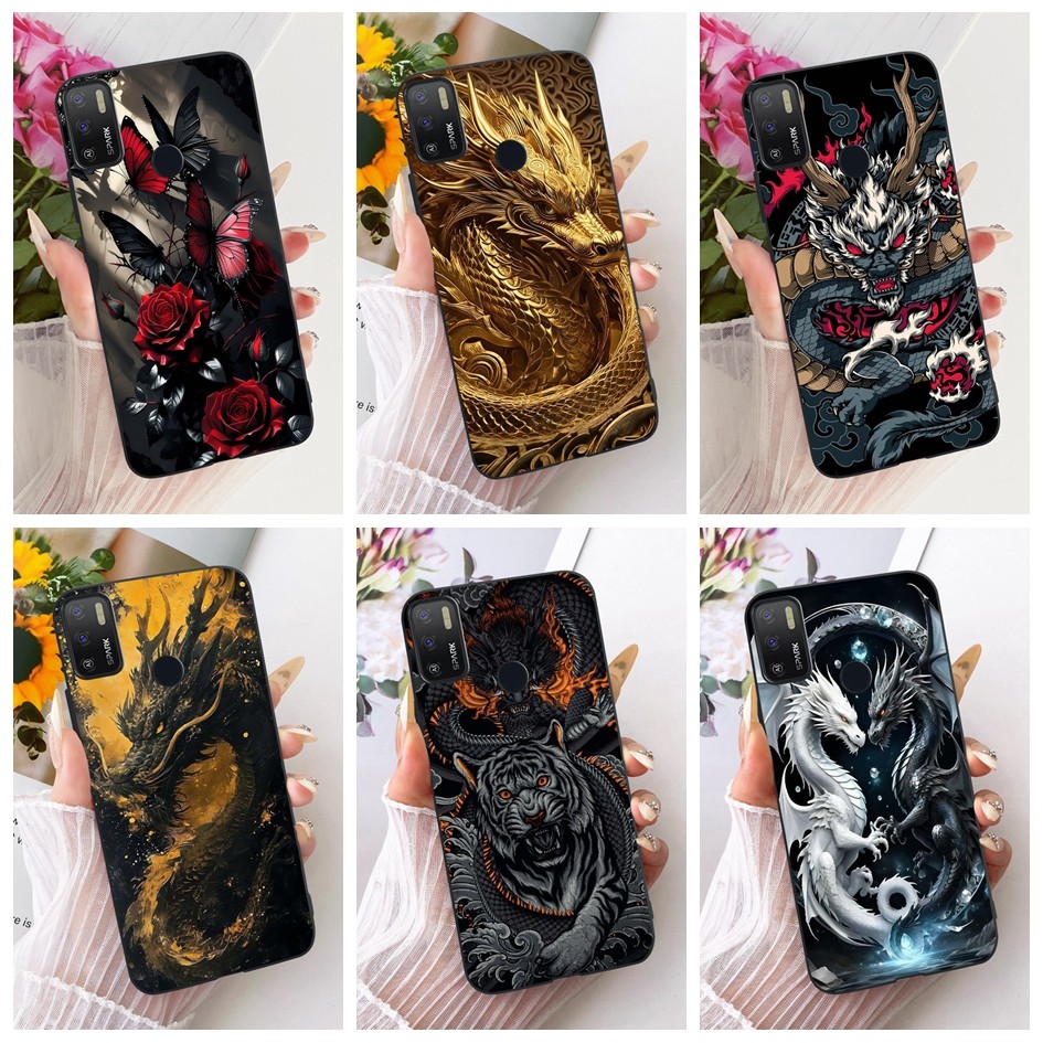 Ốp Chống Sốc Cho Tecno Spark 5 Air KD6a / Spark 6 Air KE6 KE6j KF6 Vỏ Mềm Hoạt Hình Rồng Da Báo Sói