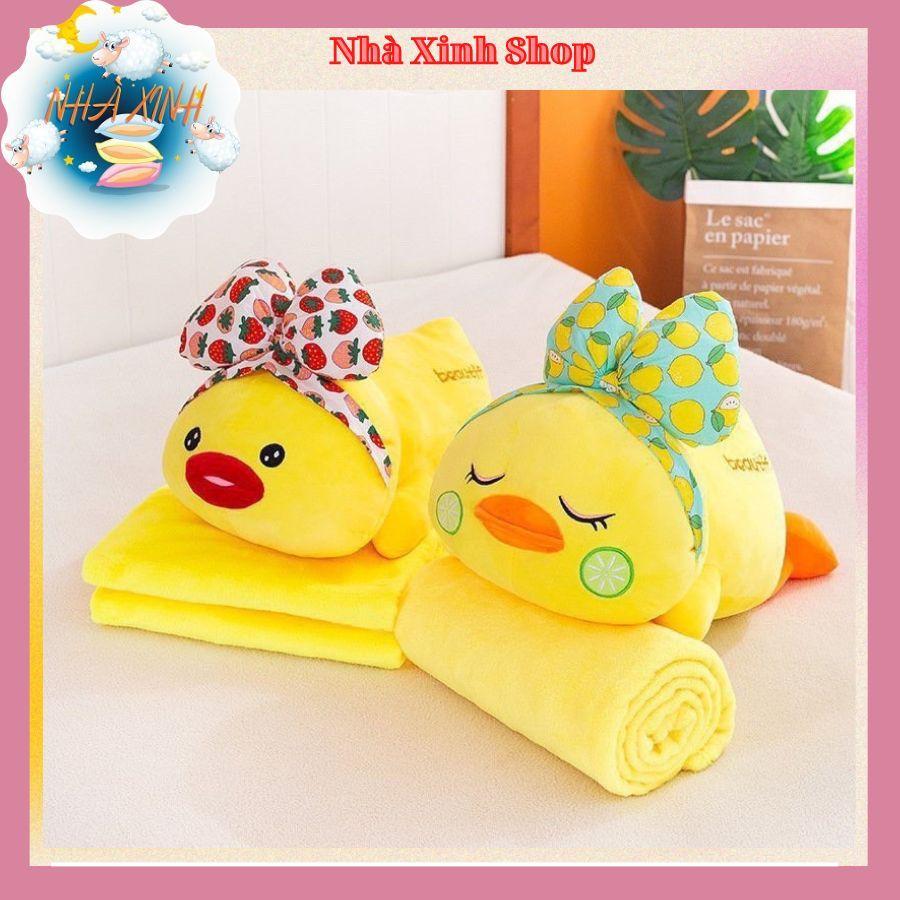 Bộ chăn gối vịt con lông vàng + [thú nhồi bông hình vịt kèm chăn lông tuyết]